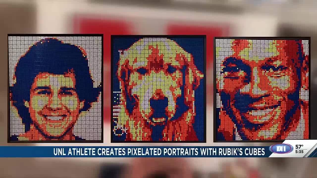 RUKURUKU 絵画7点 UNL athlete creates pixelated portraits with Rubik's Cubes