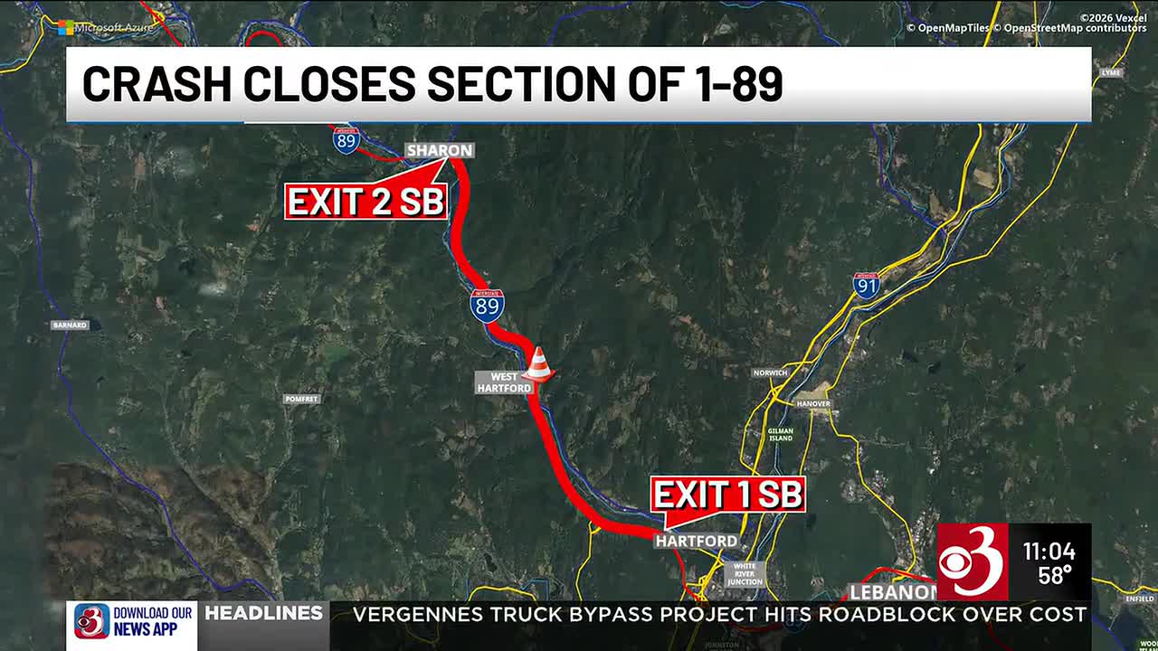 I-89 closed in Hardford area after a crash