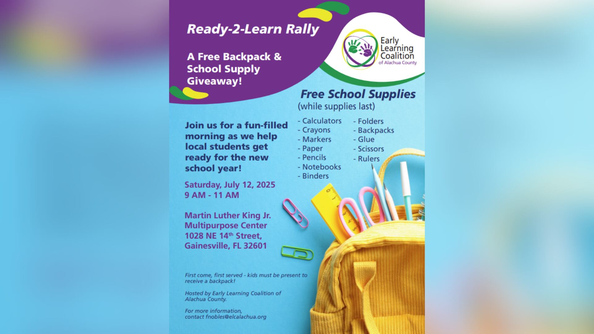 alachua county backpack for kids Early Learning Coalition to donate school supplies to Alachua County  students