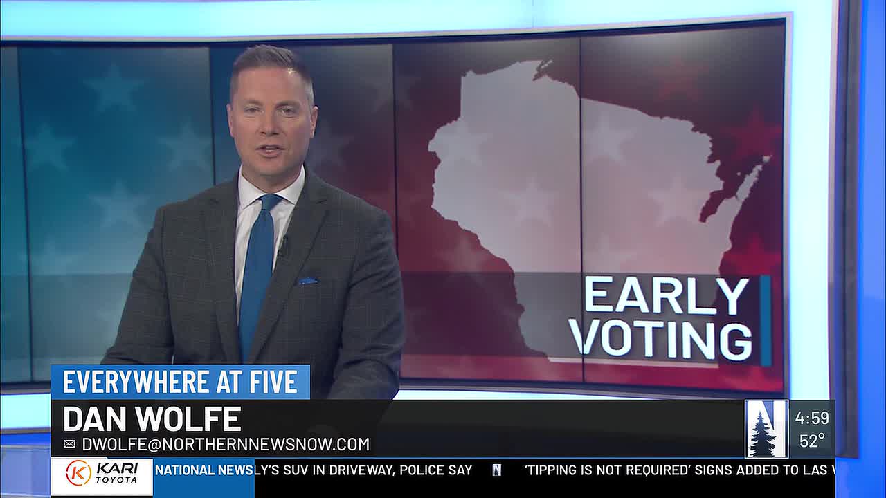 A news anchor sits behind a desk. Pertinent text reads "Early Voting," "Everywhere at Five," and "Dan Wolfe."